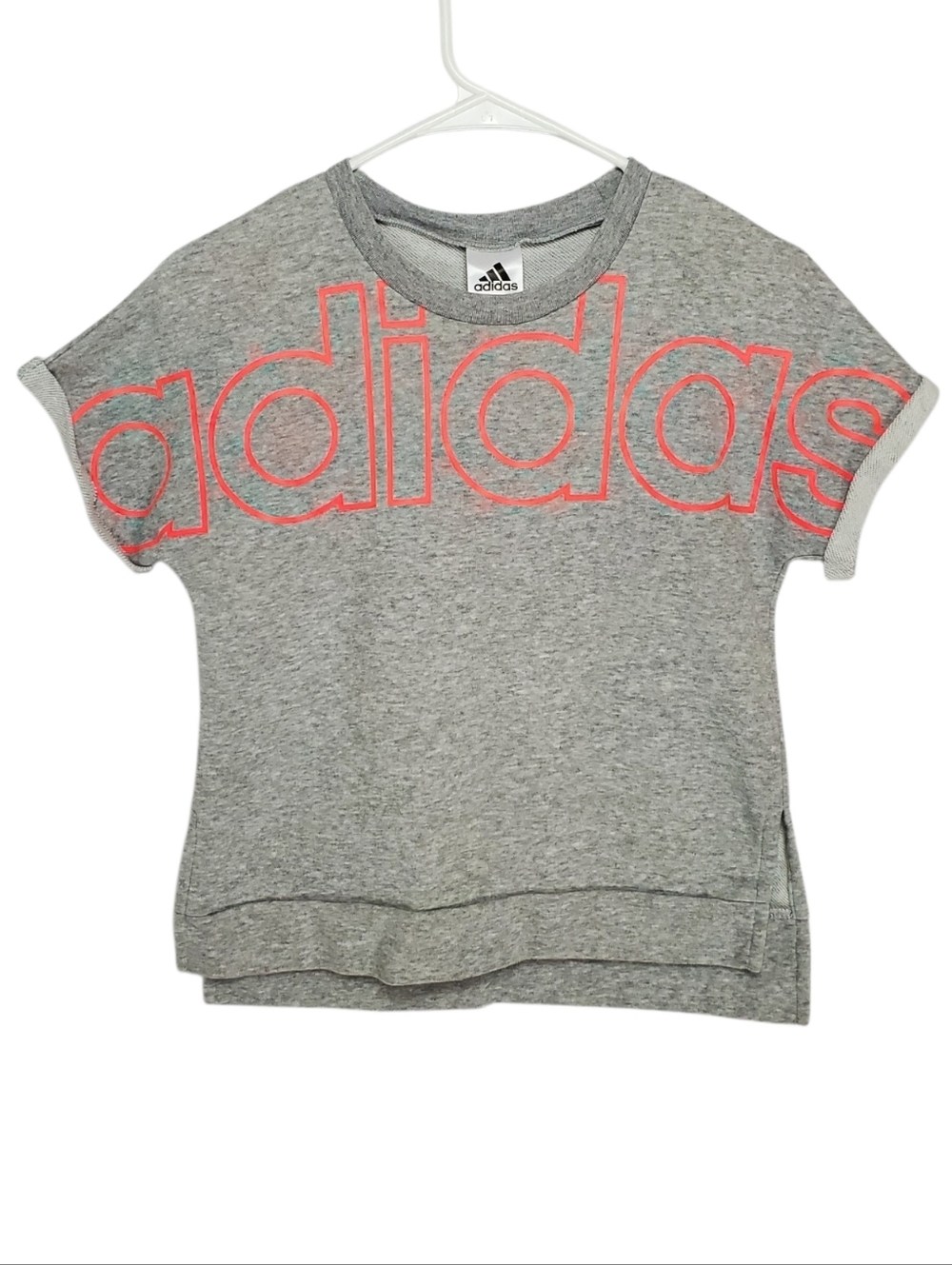 Adidas Girls Big Logo Short Sleeve Sweatshirt Top Gray Pink Orange Size L 14